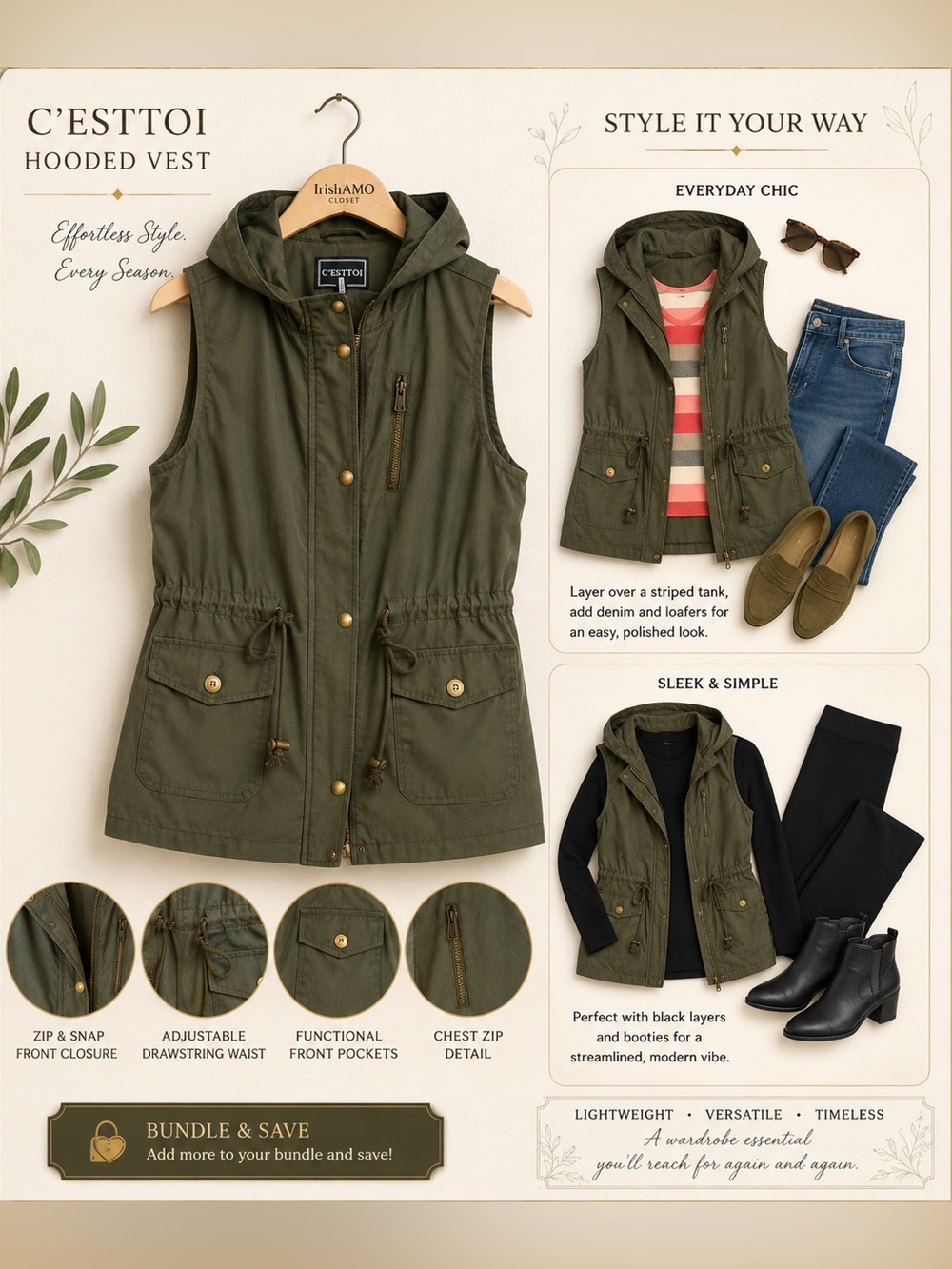 C’Esttoi Sleeveless Hooded Utility Vest - Olive Green | Size Large